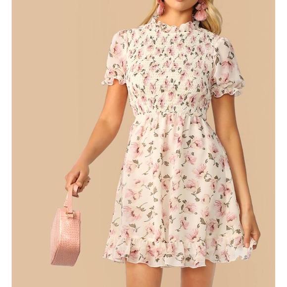 Beige Floral Ruffle Hem Shirred Fit & Flare Dress - Picture 2 of 6